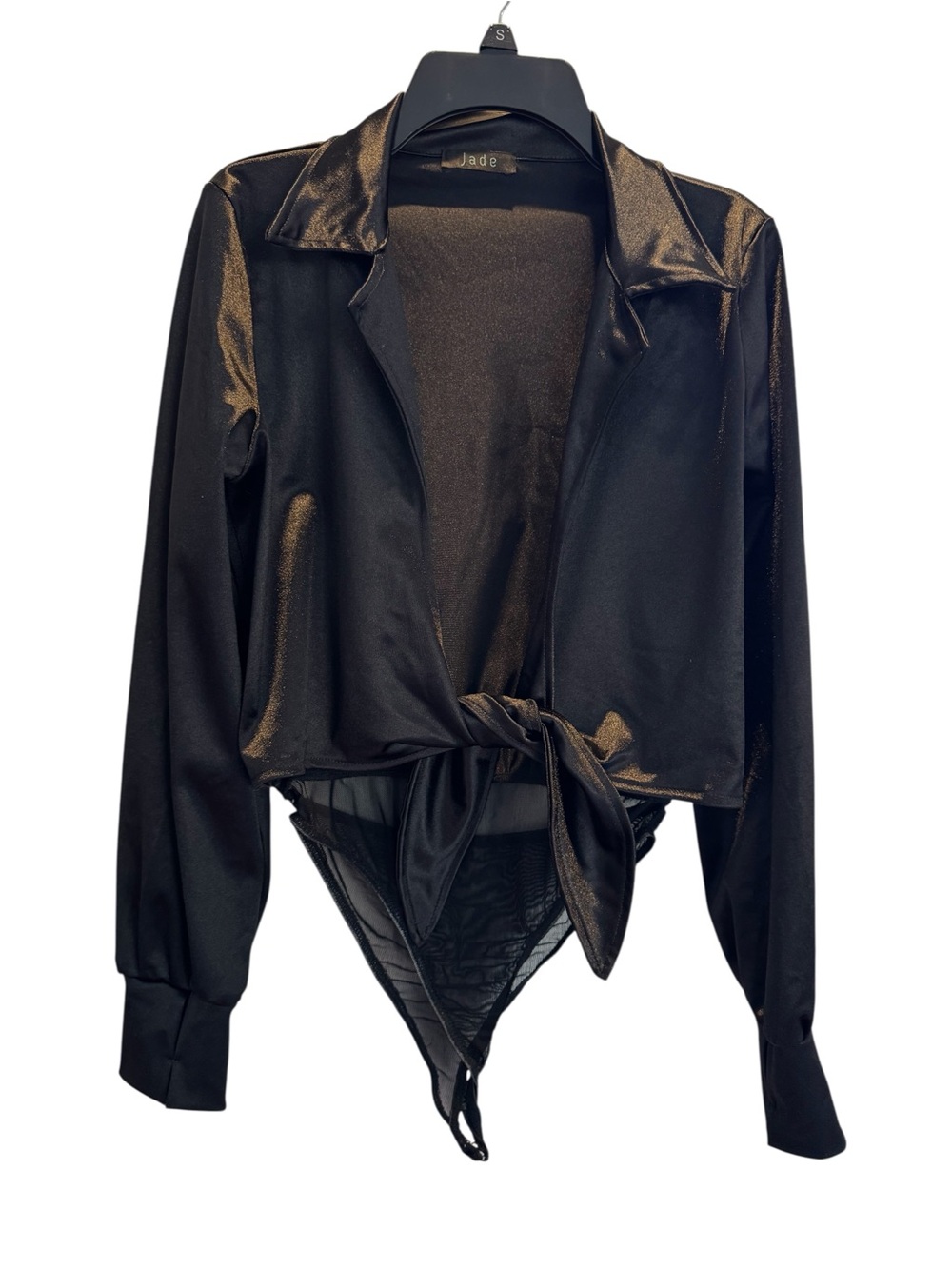 🌴 Jade Satin Black Long Sleeve Collard‎ Bodysuit